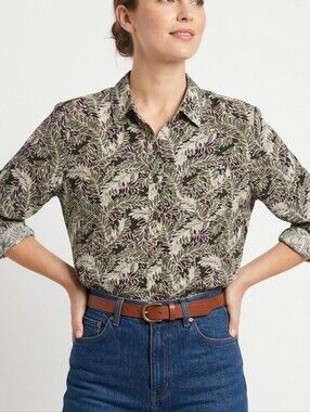 Diane von Furstenberg Silk Assets Blouse L Green Leaf Print Button Up Vintage